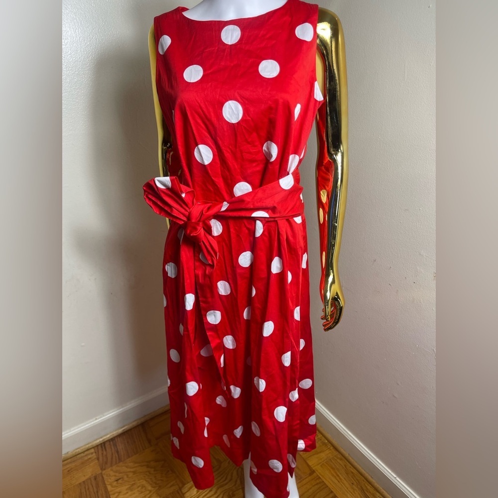 Red Polka Dot Sleeveless Bateau neck interview outfit midi holiday Dress - Picture 3 of 6